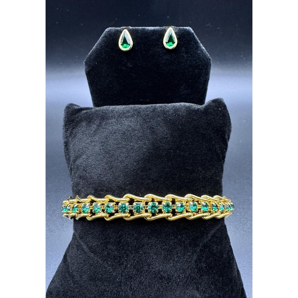 Vintage Gold Tone Green Rhinestone Tennis Bracelet & Tear Drop‎ Post Earrings